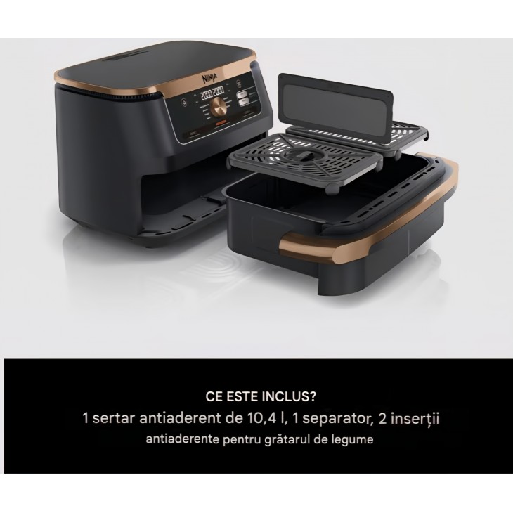 Friteuză cu aer cald Ninja Foodi FlexDrawer Dual Zone AF500EUCP, capacitate 10.4 L, compartimente dual zone cu separator detașabil, înveliș antiaderent, coș compatibil mașină de spălat vase, 7 funcții în 1, negru și cupru, termen livrare 7-8 zile