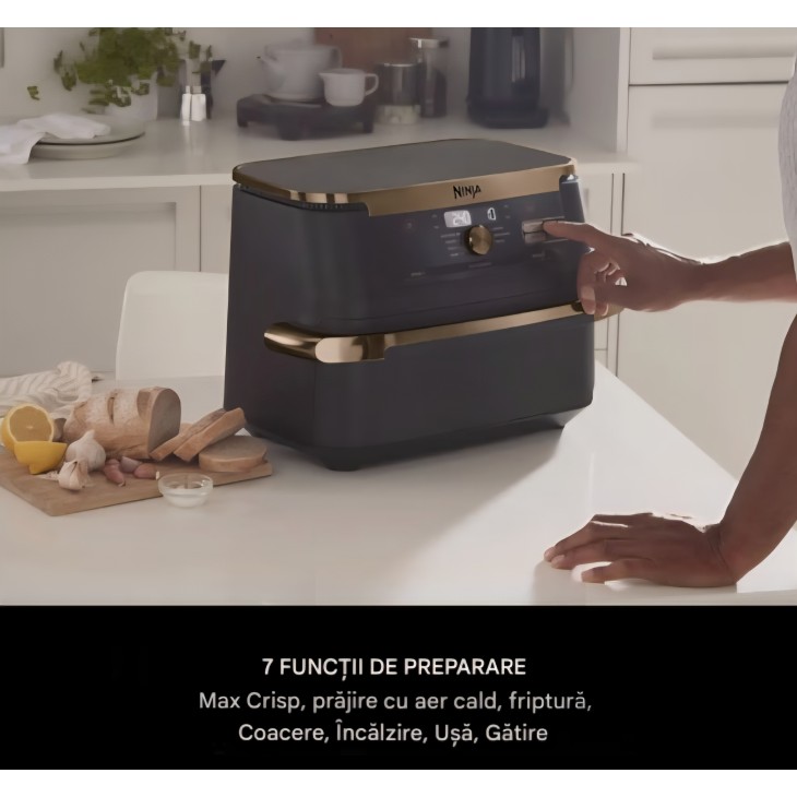 Friteuză cu aer cald Ninja Foodi FlexDrawer Dual Zone AF500EUCP, capacitate 10.4 L, compartimente dual zone cu separator detașabil, înveliș antiaderent, coș compatibil mașină de spălat vase, 7 funcții în 1, negru și cupru, termen livrare 7-8 zile