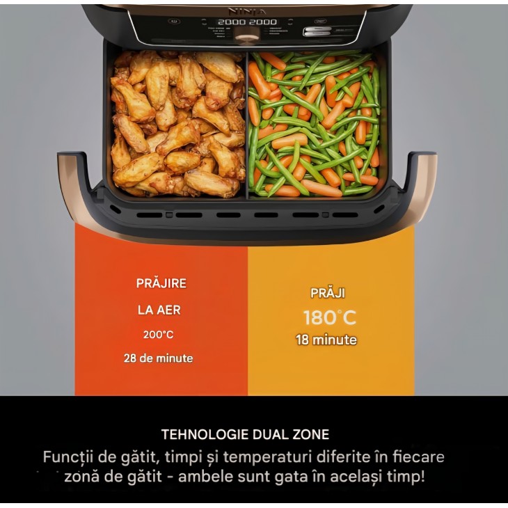 Friteuză cu aer cald Ninja Foodi FlexDrawer Dual Zone AF500EUCP, capacitate 10.4 L, compartimente dual zone cu separator detașabil, înveliș antiaderent, coș compatibil mașină de spălat vase, 7 funcții în 1, negru și cupru, termen livrare 7-8 zile