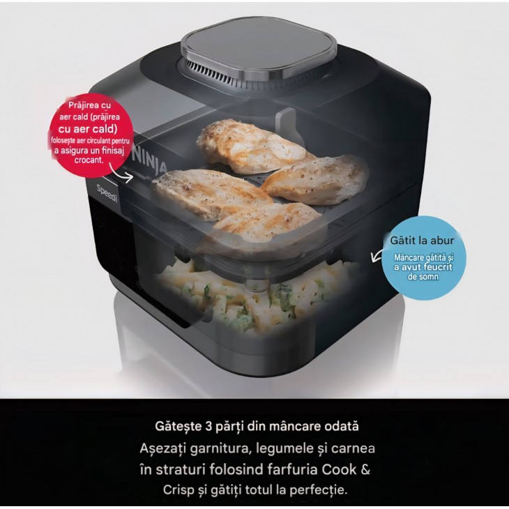 Multicooker Ninja Speedi ON500EU, 12 programe, 5.7L, Air Fryer, Slow Cooker, Grill, Coacere, Funcție Speedi Rapid Meals, 1760W, Negru, termen livrare 7-8 zile