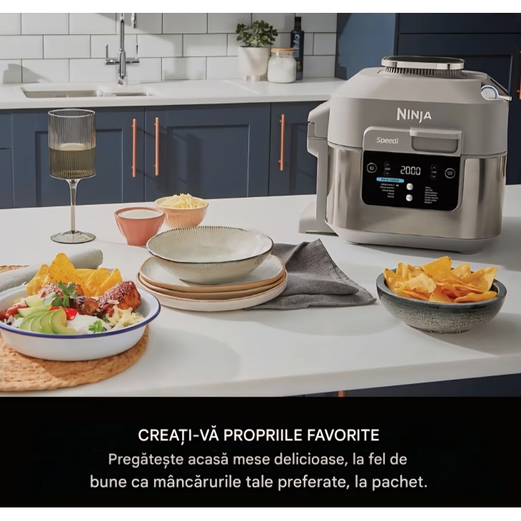 Multicooker Ninja Speedi ON500EUSTGD, 12 programe, 5.7L, Air Fryer, Slow Cooker, Grill, Coacere, Rapid Cooking System, 1760W, Stone Gold, termen livrare 7-8 zile