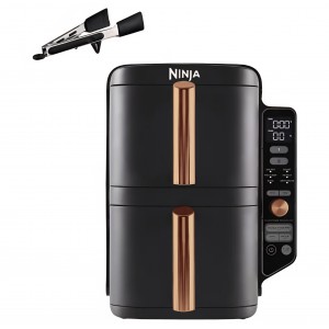 Friteuză cu aer cald Ninja Double Stack XL SL400EUCP, 9.5 L, 2 sertare verticale, 4 niveluri de gătire, design compact, 6 funcții, capacitate 8 porții, clește inclus, negru/cupru, termen livrare 7-8 zile