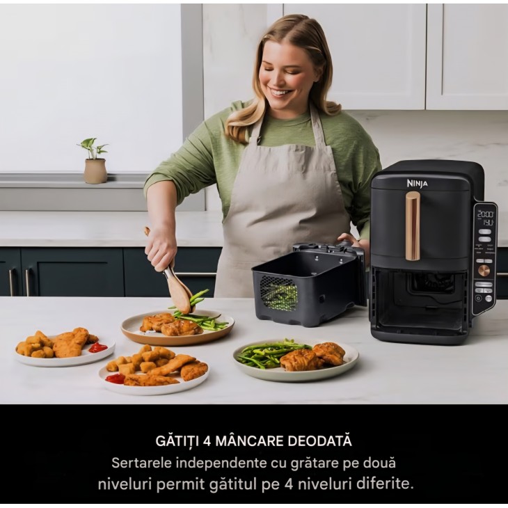 Friteuză cu aer cald Ninja Double Stack XL SL400EUCP, 9.5 L, 2 sertare verticale, 4 niveluri de gătire, design compact, 6 funcții, capacitate 8 porții, clește inclus, negru/cupru, termen livrare 7-8 zile