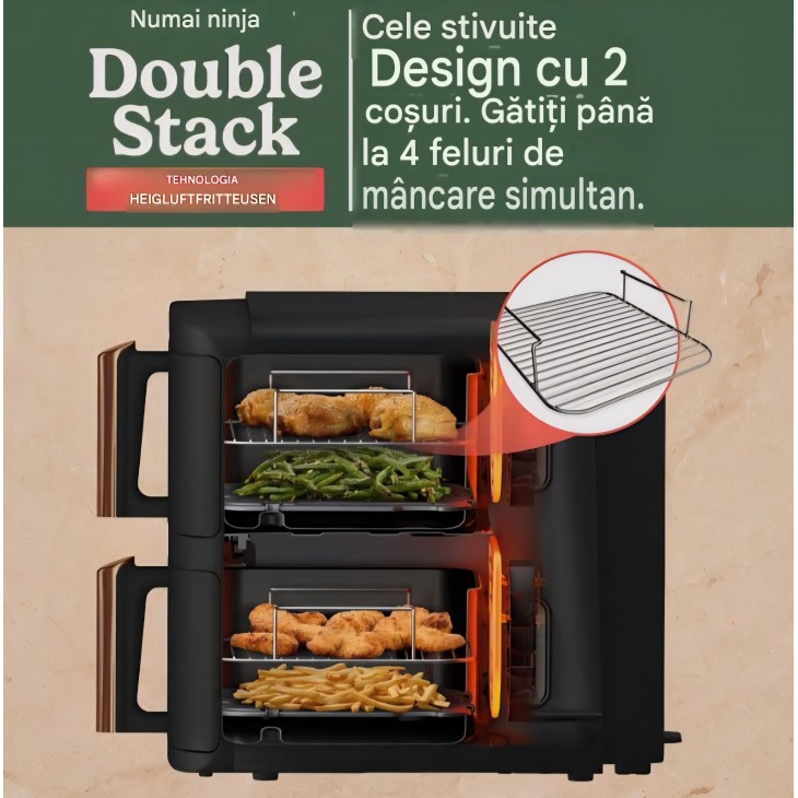 Friteuză cu aer cald Ninja Double Stack XL SL400EUCP, 9.5 L, 2 sertare verticale, 4 niveluri de gătire, design compact, 6 funcții, capacitate 8 porții, clește inclus, negru/cupru, termen livrare 7-8 zile