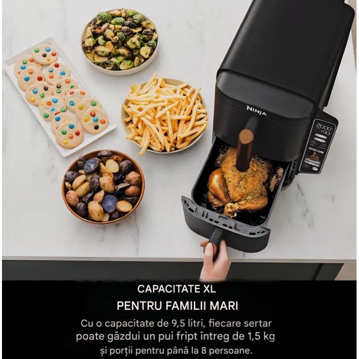 Friteuză cu aer cald Ninja Double Stack XL SL400EUCP, 9.5 L, 2 sertare verticale, 4 niveluri de gătire, design compact, 6 funcții, capacitate 8 porții, clește inclus, negru/cupru, termen livrare 7-8 zile