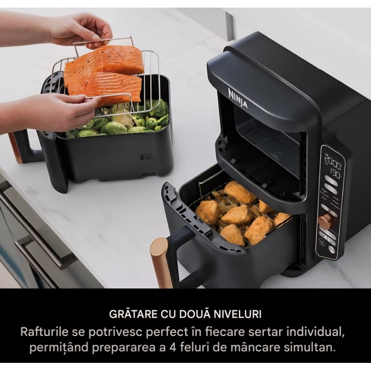 Friteuză cu aer cald Ninja Double Stack XL SL400EUCP, 9.5 L, 2 sertare verticale, 4 niveluri de gătire, design compact, 6 funcții, capacitate 8 porții, clește inclus, negru/cupru, termen livrare 7-8 zile