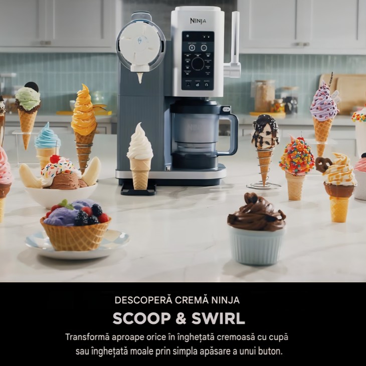 Aparat de înghețată Ninja CREAMi Scoop & Swirl NC701EU, 2 recipiente incluse, 13 funcții, pentru înghețată, soft ice cream, gelato, sorbet, milkshake și altele, funcție Mix-In, argintiu platinum, termen livrare 7-8 zile
