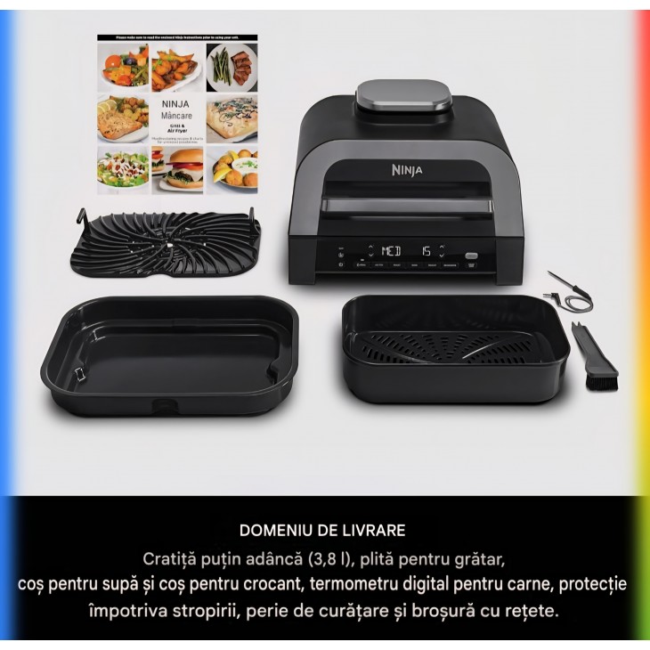 Grill electric si friteuza cu aer cald Ninja MAX DG551EU, 6 in 1, 3.8 L, pentru interior, 6 functii de gatire, capacitate pana la 6 burgeri, fum redus, termometru digital inclus, gri/argintiu, termen livrare 7-8 zile