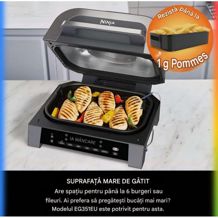Grill electric si friteuza cu aer cald Ninja MAX DG551EU, 6 in 1, 3.8 L, pentru interior, 6 functii de gatire, capacitate pana la 6 burgeri, fum redus, termometru digital inclus, gri/argintiu, termen livrare 7-8 zile