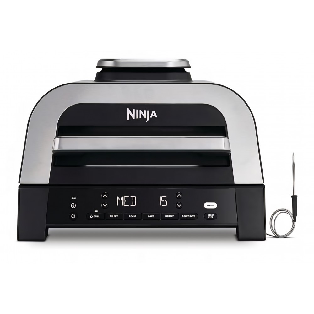 Grill electric si friteuza cu aer cald Ninja MAX DG551EU, 6 in 1, 3.8 L, pentru interior, 6 functii de gatire, capacitate pana la 6 burgeri, fum redus, termometru digital inclus, gri/argintiu, termen livrare 7-8 zile