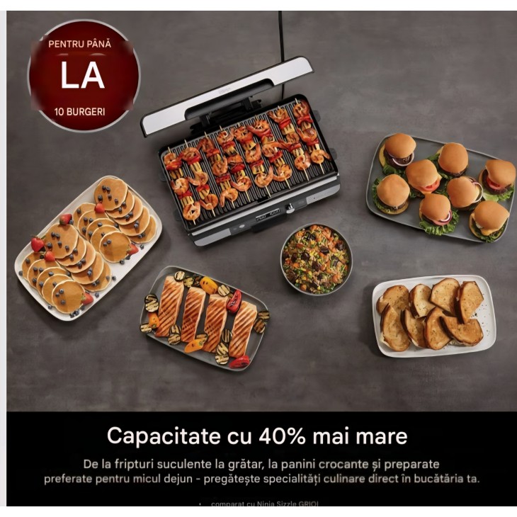 Grill electric și plancha Ninja Sizzle Pro XL GX101EU, pentru interior, placă grill și plancha superioară, înveliș ceramic antiaderent, capac detașabil, tavă colectare grăsime, carte de rețete inclusă, argintiu/negru, termen livrare 7-8 zile