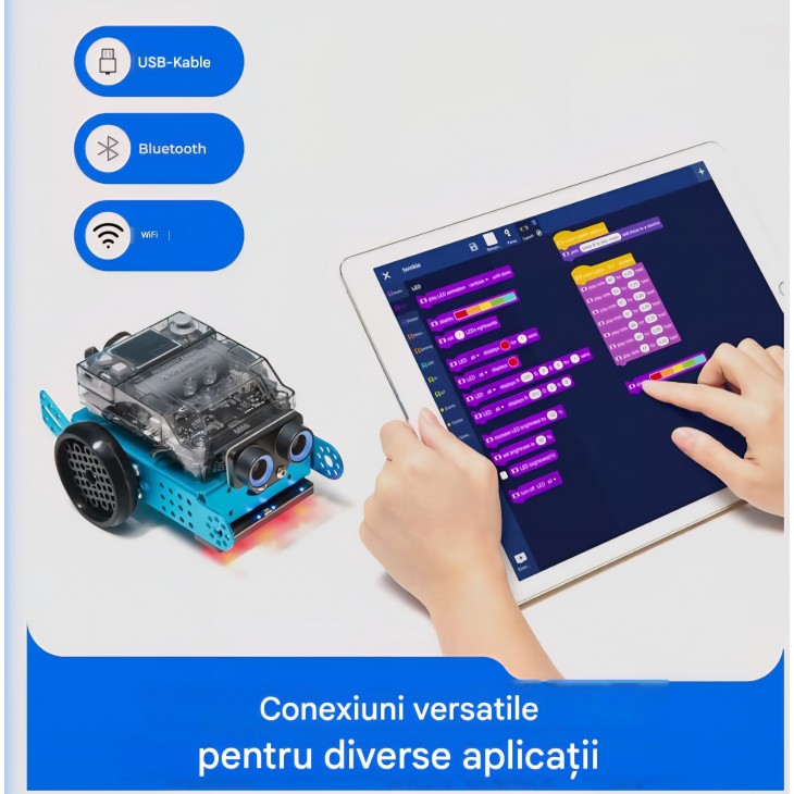 Robot programabil Makeblock mBot 2 pentru copii de la 8 ani, conexiune WiFi, compatibil Scratch și Python, kit educațional STEM inteligent, ideal pentru cadou