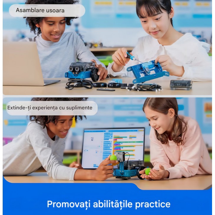 Robot programabil Makeblock mBot 2 pentru copii de la 8 ani, conexiune WiFi, compatibil Scratch și Python, kit educațional STEM inteligent, ideal pentru cadou
