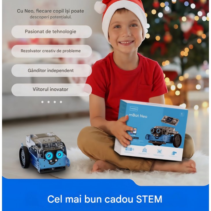 Robot programabil Makeblock mBot 2 pentru copii de la 8 ani, conexiune WiFi, compatibil Scratch și Python, kit educațional STEM inteligent, ideal pentru cadou