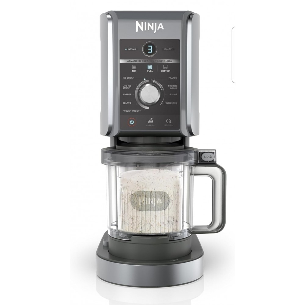 Aparat pentru înghețată și băuturi reci Ninja CREAMi Deluxe NC502EU, 2 recipiente incluse, 10 funcții, pentru înghețată, gelato, sorbet, iaurt înghețat, milkshake, slush și altele, opțiune 2 în 1 pentru arome, argintiu, termen livrare 7-8 zile