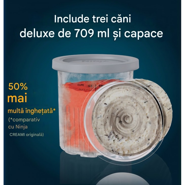 Aparat pentru înghețată și băuturi reci Ninja CREAMi Deluxe NC502EU, 2 recipiente incluse, 10 funcții, pentru înghețată, gelato, sorbet, iaurt înghețat, milkshake, slush și altele, opțiune 2 în 1 pentru arome, argintiu, termen livrare 7-8 zile