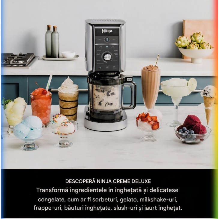 Aparat pentru înghețată și băuturi reci Ninja CREAMi Deluxe NC502EU, 2 recipiente incluse, 10 funcții, pentru înghețată, gelato, sorbet, iaurt înghețat, milkshake, slush și altele, opțiune 2 în 1 pentru arome, argintiu, termen livrare 7-8 zile