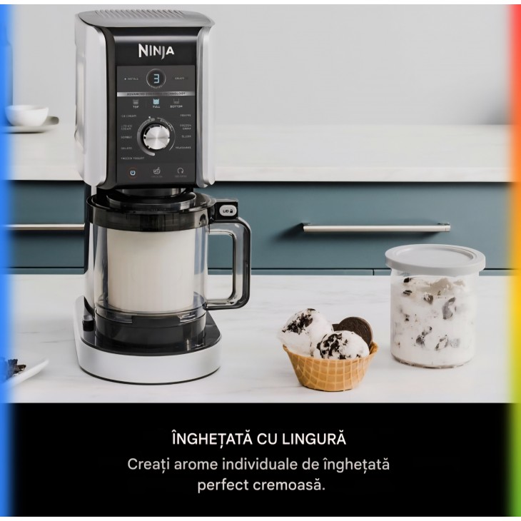Aparat pentru înghețată și băuturi reci Ninja CREAMi Deluxe NC502EU, 2 recipiente incluse, 10 funcții, pentru înghețată, gelato, sorbet, iaurt înghețat, milkshake, slush și altele, opțiune 2 în 1 pentru arome, argintiu, termen livrare 7-8 zile