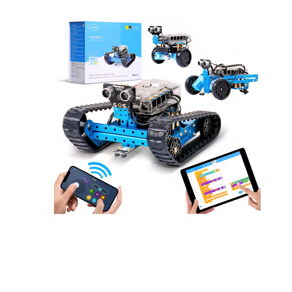 Robot programabil Makeblock mBot Ranger, kit de construcție 3 în 1, jucărie educativă codare, 3 forme robotice cu placa Me Auriga, versiune Bluetooth, cadou pentru copii