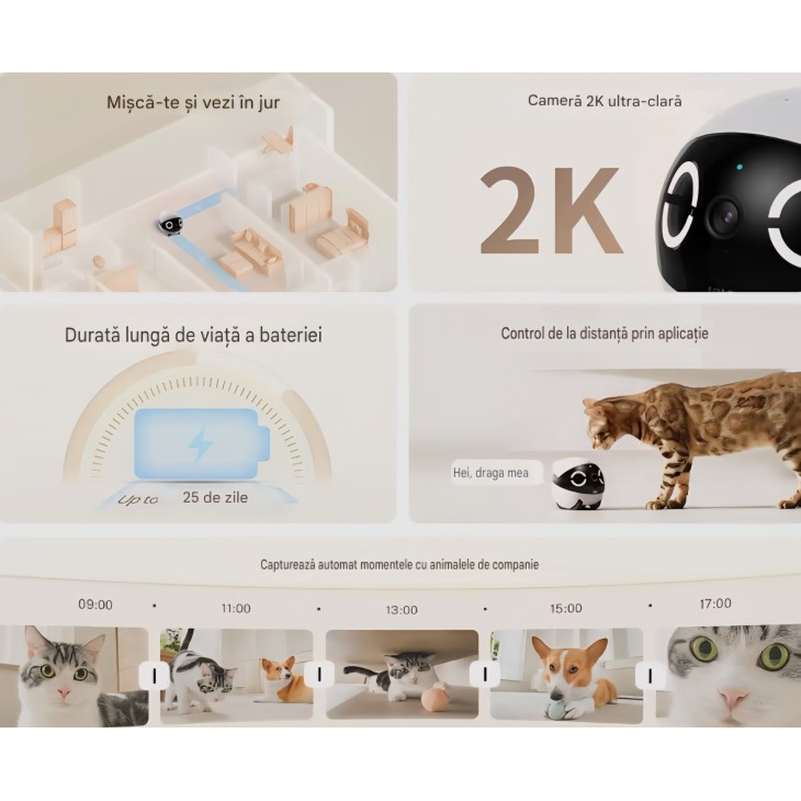 Robot cameră inteligentă Enabot EBO ROLA Mini FamilyBot, cameră 2K pentru animale de companie, cameră mobilă de interior, apel rapid, audio bidirecțional, vedere nocturn, livrare 7-8 zile