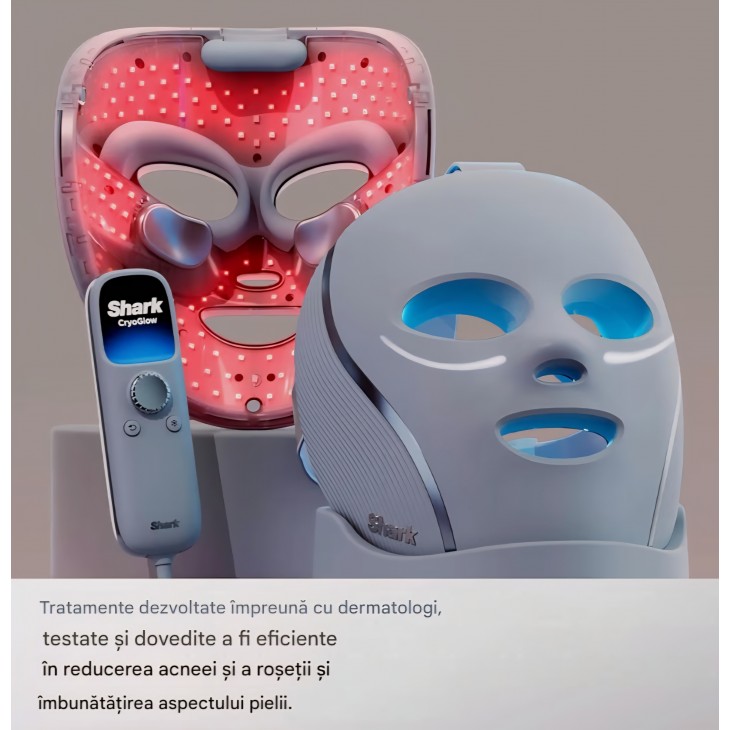 Masca faciala LED, Shark CryoGlow FW312EUPL, terapie cu lumină, răcire pentru zona ochilor, efect anti-aging, lumină roșie și albastră, alimentare USB-C, telecomandă, livrare 7-8 zile