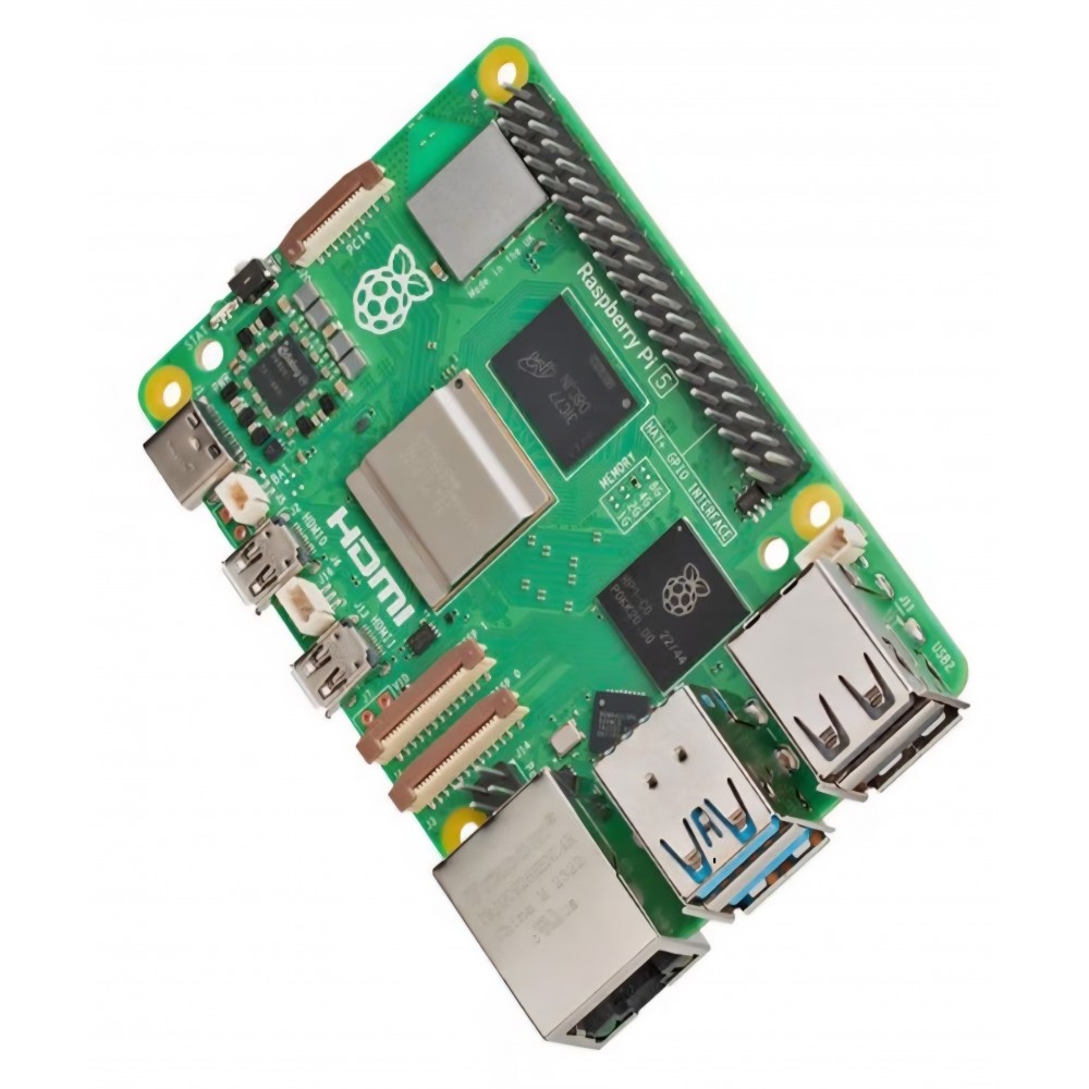 Mini PC Raspberry Pi 5, 4GB RAM, procesor quad-core ARM Cortex-A76, Wi-Fi, Bluetooth, dual micro HDMI, USB 3.0, Gigabit Ethernet, GPIO, negru