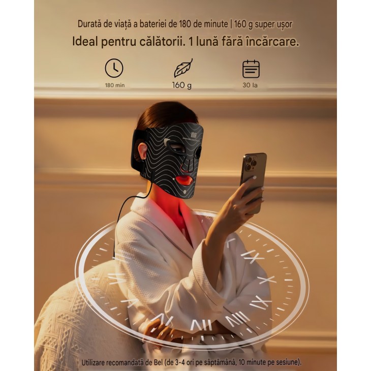 Mască facială LED INIA pentru terapie cu lumină, 4 moduri, lumină roșie, albastră și NIR 850 nm, 220 LED-uri, baterie reîncărcabilă 2600 mAh, anti-aging, termen livrare 7-8 zile