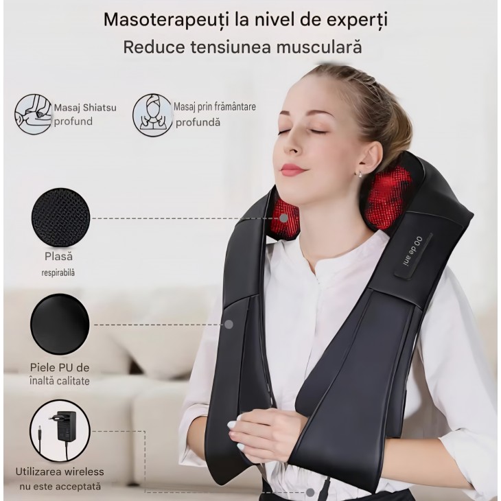 Aparat de masaj cervical cu încălzire iKristin, masaj Shiatsu 3D pentru gât, spate și talie, relaxare musculară pentru întreaga familie