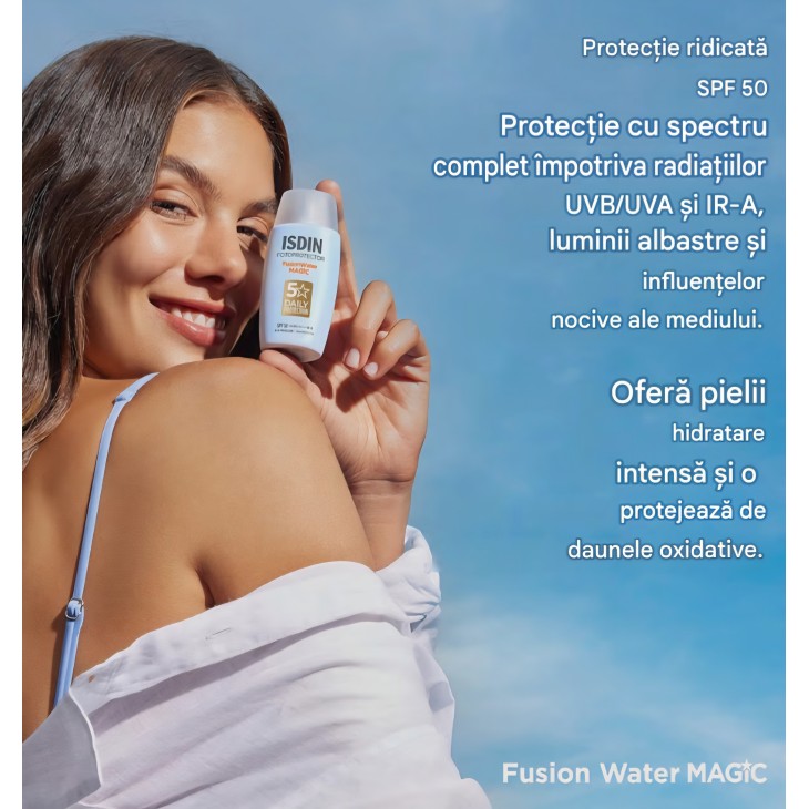 Cremă de protecție solară pentru față ISDIN Fusion Water SPF 50, textură ultralejeră, utilizare zilnică, 50 ml