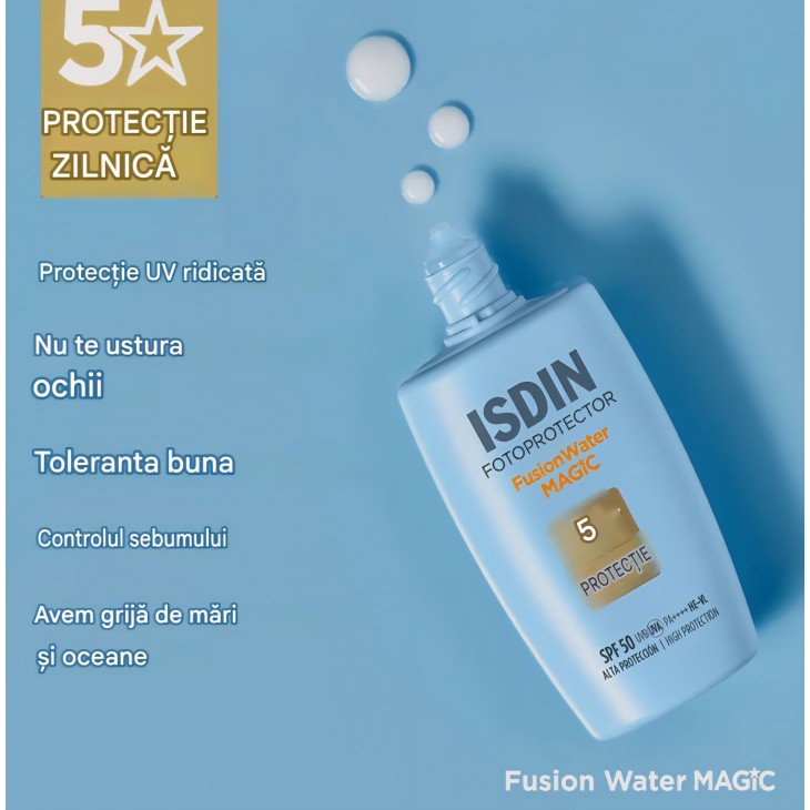 Cremă de protecție solară pentru față ISDIN Fusion Water SPF 50, textură ultralejeră, utilizare zilnică, 50 ml