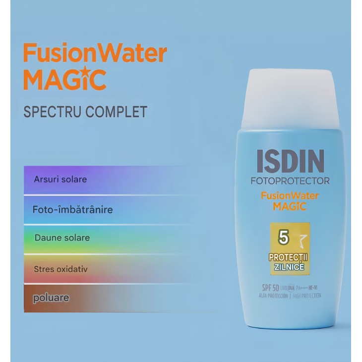 Cremă de protecție solară pentru față ISDIN Fusion Water SPF 50, textură ultralejeră, utilizare zilnică, 50 ml