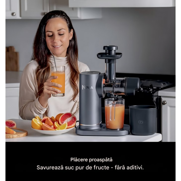 Storcător lent Ninja Cold Press Juicer JC151EU,, pentru fructe și legume, cu pahar 700 ml și recipient pulpă 1.1 L, sucuri proaspete și wellness shots, termen livrare 7-8 zile