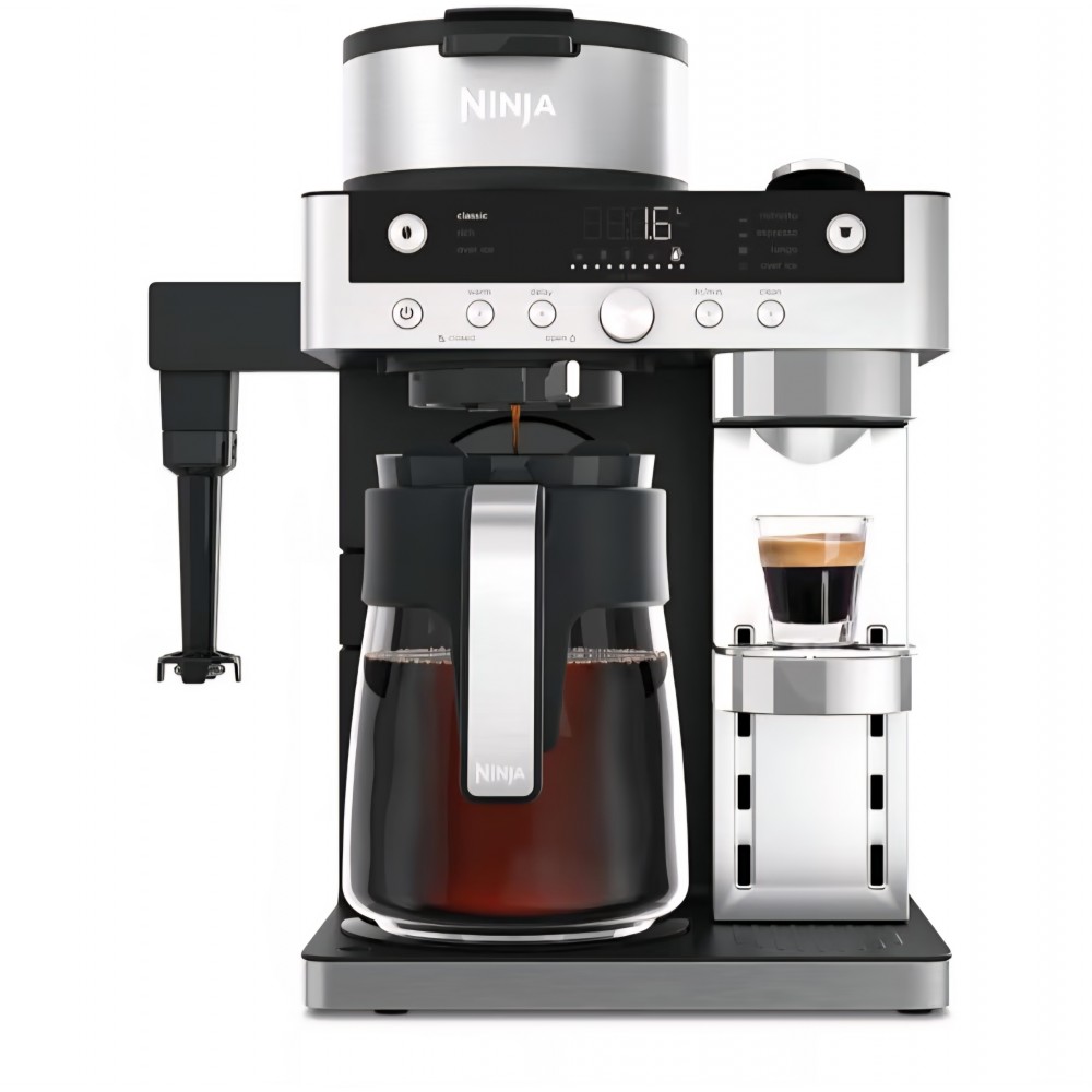 Espressor Ninja Prestige CFN802EU 2 în 1, pentru cafea măcinată și capsule, cu spumator de lapte integrat, pentru Latte, Flat White și cafea rece, negru, termen livrare 7-8 zile