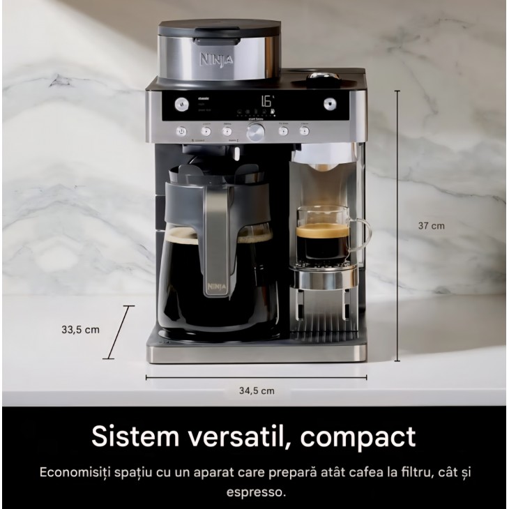 Espressor Ninja Prestige CFN802EU 2 în 1, pentru cafea măcinată și capsule, cu spumator de lapte integrat, pentru Latte, Flat White și cafea rece, negru, termen livrare 7-8 zile
