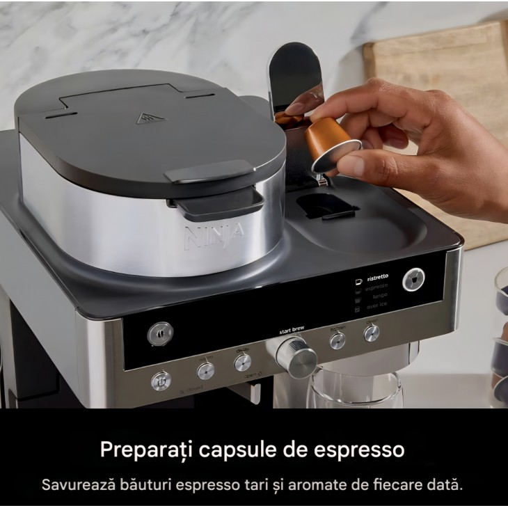 Espressor Ninja Prestige CFN802EU 2 în 1, pentru cafea măcinată și capsule, cu spumator de lapte integrat, pentru Latte, Flat White și cafea rece, negru, termen livrare 7-8 zile