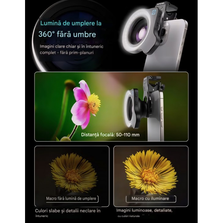 Obiectiv macro APEXEL 100X Ultra pentru smartphone, cu lumină LED circulară integrată, compatibil iPhone, Samsung, Pixel și alte telefoane, livrare 7-8 zile
