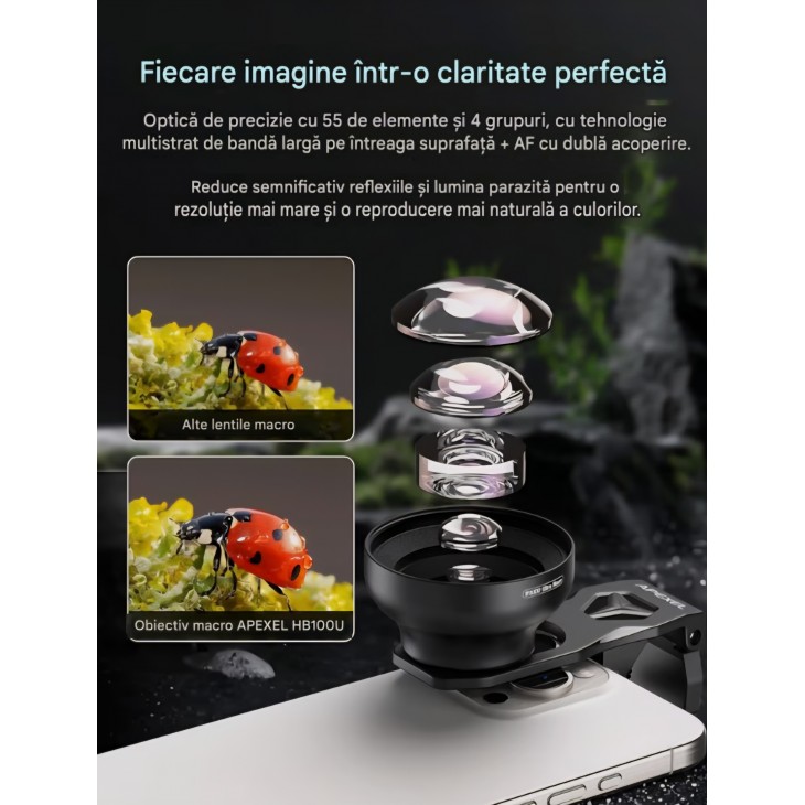 Obiectiv macro APEXEL 100X Ultra pentru smartphone, cu lumină LED circulară integrată, compatibil iPhone, Samsung, Pixel și alte telefoane, livrare 7-8 zile