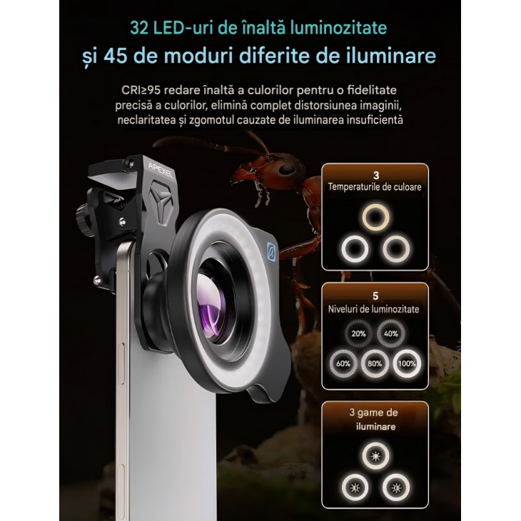 Obiectiv macro APEXEL 100X Ultra pentru smartphone, cu lumină LED circulară integrată, compatibil iPhone, Samsung, Pixel și alte telefoane, livrare 7-8 zile