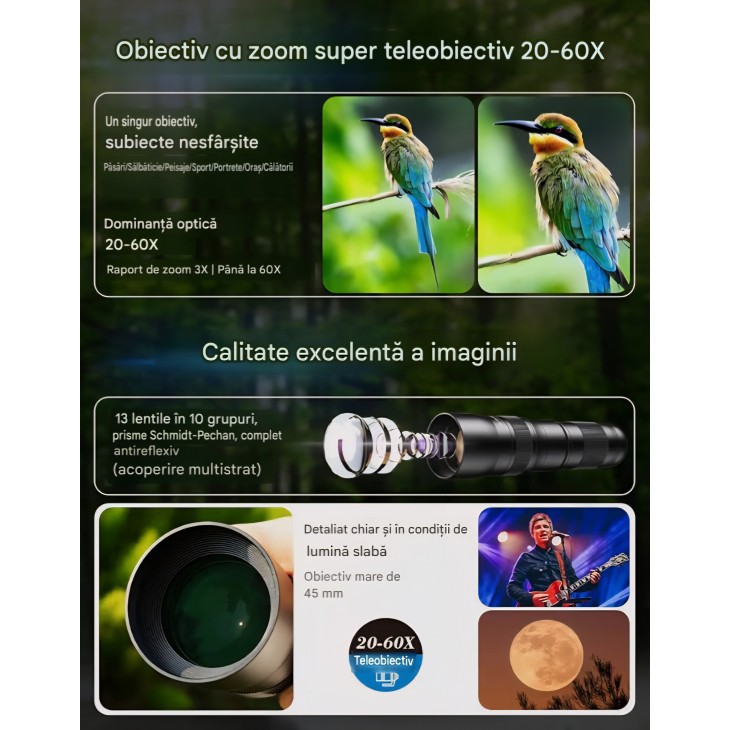 Teleobiectiv APEXEL, zoom 20–60x pentru smartphone, zoom profesional reglabil, fotografiere la distanță mare, compatibil cu Samsung, Apple, Huawei, livrare 7-8 zile