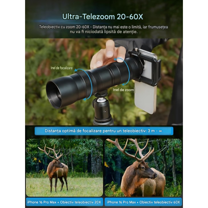 Teleobiectiv APEXEL, zoom 20–60x pentru smartphone, zoom profesional reglabil, fotografiere la distanță mare, compatibil cu Samsung, Apple, Huawei, livrare 7-8 zile