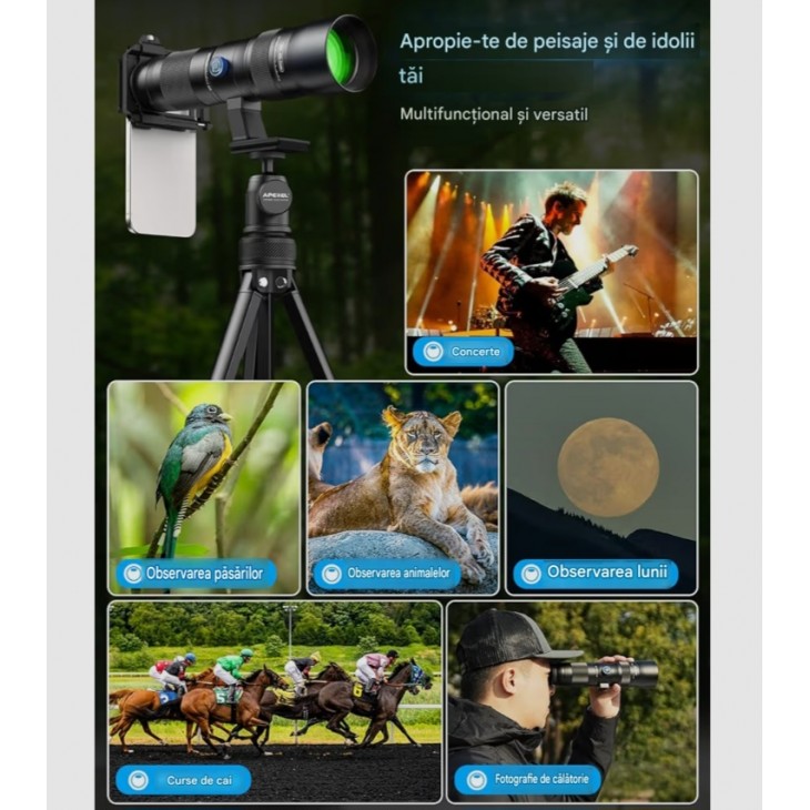 Teleobiectiv APEXEL, zoom 20–60x pentru smartphone, zoom profesional reglabil, fotografiere la distanță mare, compatibil cu Samsung, Apple, Huawei, livrare 7-8 zile