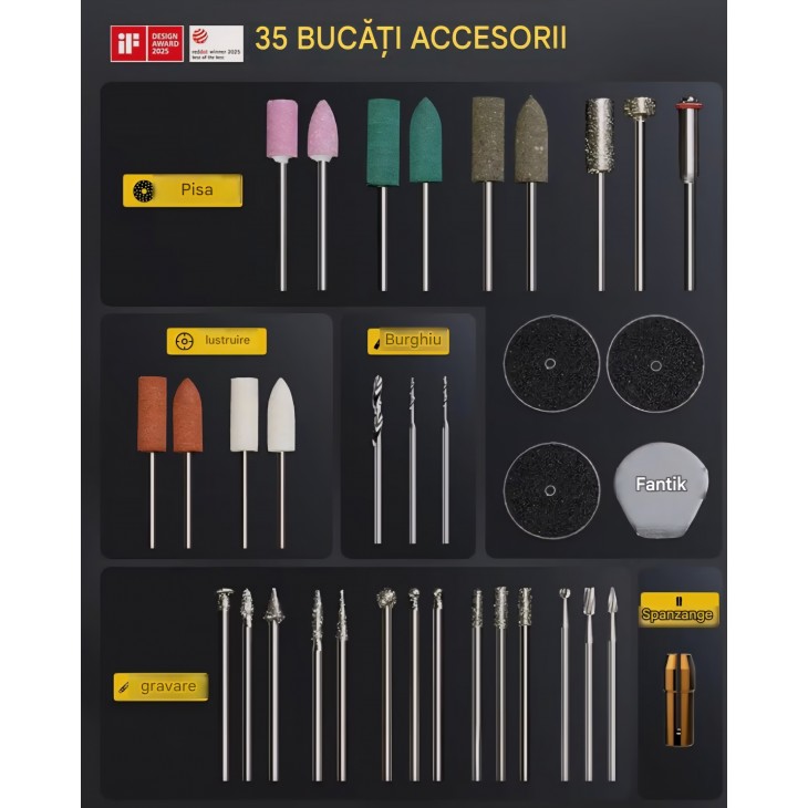 Mini unealtă multifuncțională fără fir Fanttik F2 Master, 25.000 RPM, 5 viteze, 35 accesorii, pentru gravare, găurire, șlefuire și modelare