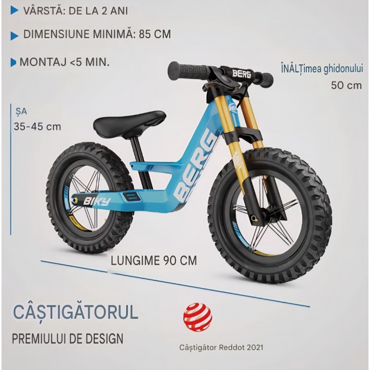 Bicicletă fără pedale BERG Biky Cross 12 inch, cu frână de mână, roți pneumatice și cadru din magneziu, pentru copii de la 2 ani, livrare 7-9 zile
