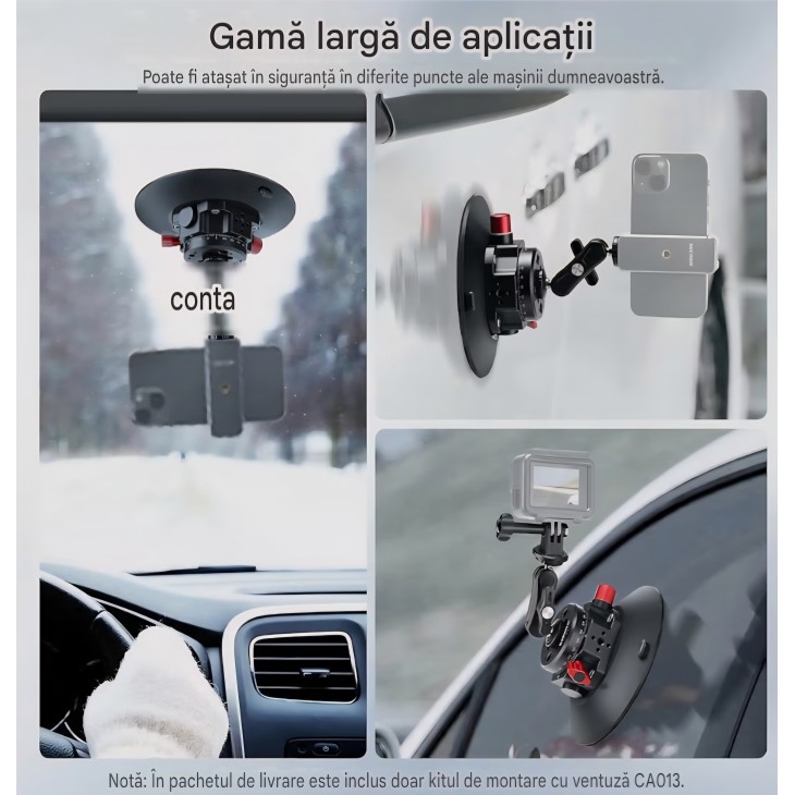 Suport cu ventuză,NEEWER N-10, baza 6 inch, pentru cameră auto, cu braț magic și cap cu bilă, montare pe parbriz, compatibil camere de acțiune și telefoane