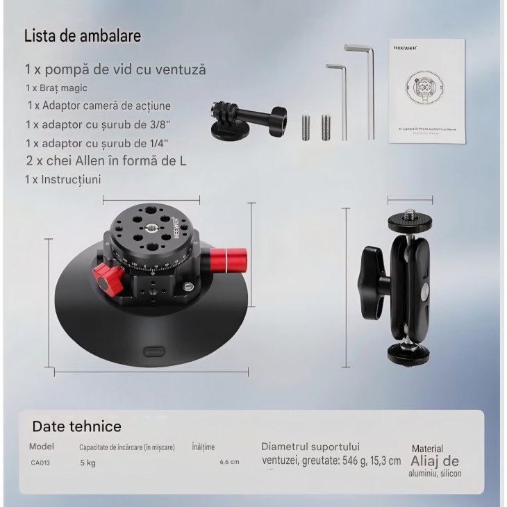 Suport cu ventuză,NEEWER N-10, baza 6 inch, pentru cameră auto, cu braț magic și cap cu bilă, montare pe parbriz, compatibil camere de acțiune și telefoane
