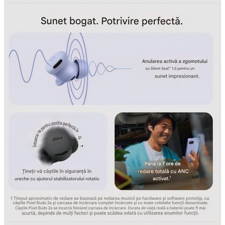 Căști wireless Google Pixel Buds 2a, cu anulare activă a zgomotului (ANC), Bluetooth, rezistente la apă, Berry , termen livrare 10-12 zile, produs rar