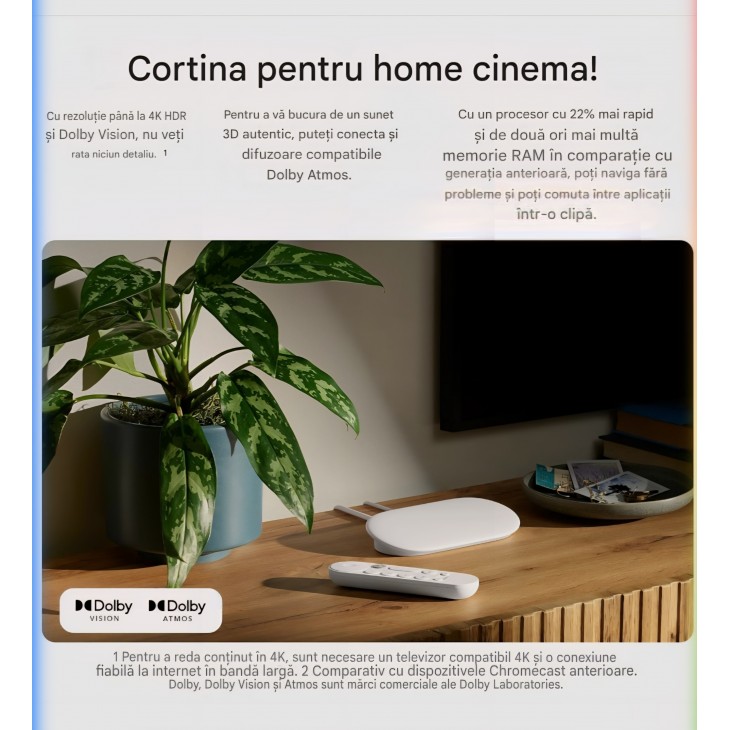 Media Player Google TV Streamer 4K, 32 GB, streaming 4K HDR, telecomanda cu comanda vocala, Google TV, Porcelain, livrare 10-12 zile