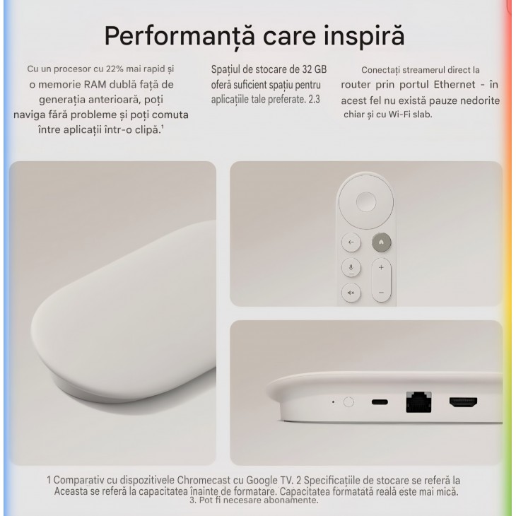 Media Player Google TV Streamer 4K, 32 GB, streaming 4K HDR, telecomanda cu comanda vocala, Google TV, Porcelain, livrare 10-12 zile