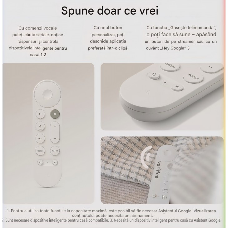 Media Player Google TV Streamer 4K, 32 GB, streaming 4K HDR, telecomanda cu comanda vocala, Google TV, Porcelain, livrare 10-12 zile