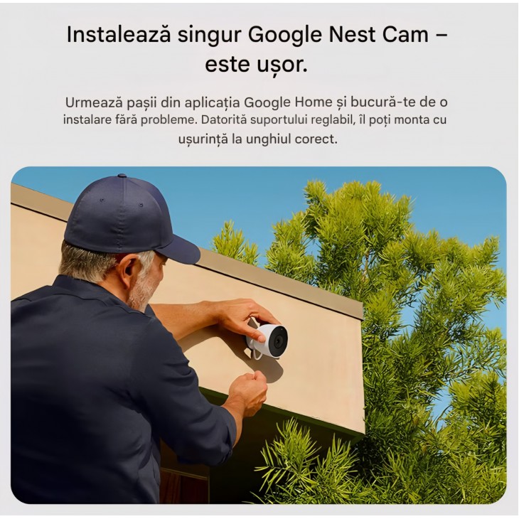 Cameră de supraveghere Google Nest Cam Outdoor Gen. 2, video 2K, pentru exterior, compatibilă Google Home, Snow, livrare 10-12 zile